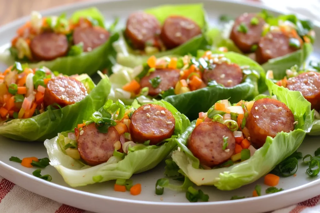 "Lettuce wraps with savory filling of sausage, hoisin sauce, and water chestnuts."
