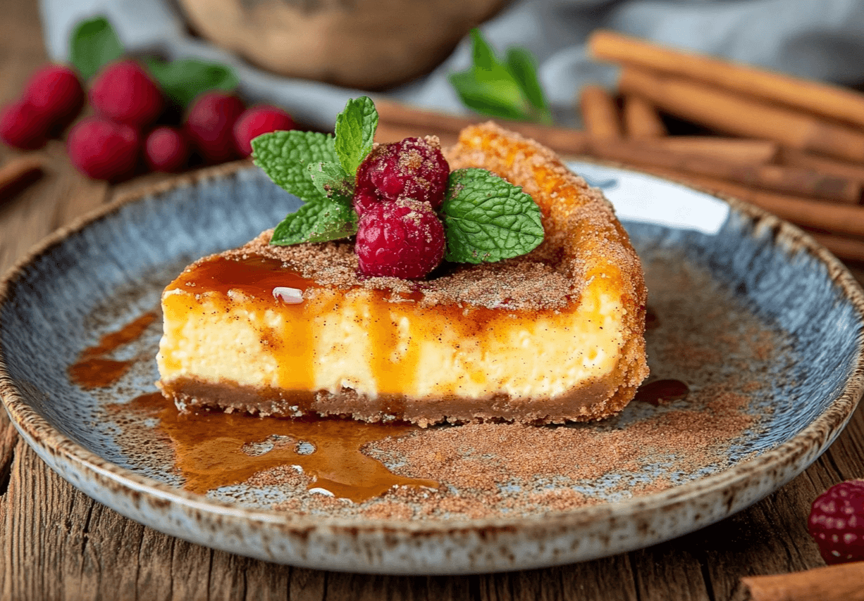 Churro cheesecake on a ceramic plate, topped with cinnamon sugar and caramel drizzle, styled with fresh berries and cinnamon sticks