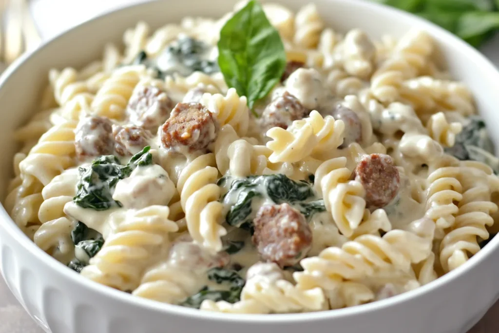 Creamy pasta dish with ground sausage, fresh spinach, and Parmesan cheese for a comforting dinner recipe.