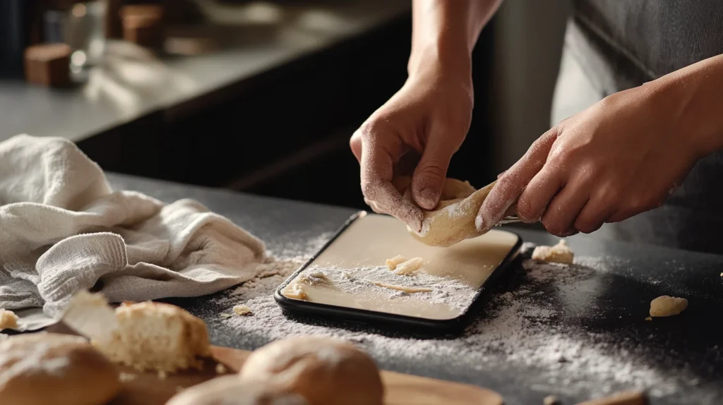 Rolling sourdough dough on a floured surface with a rolling pin