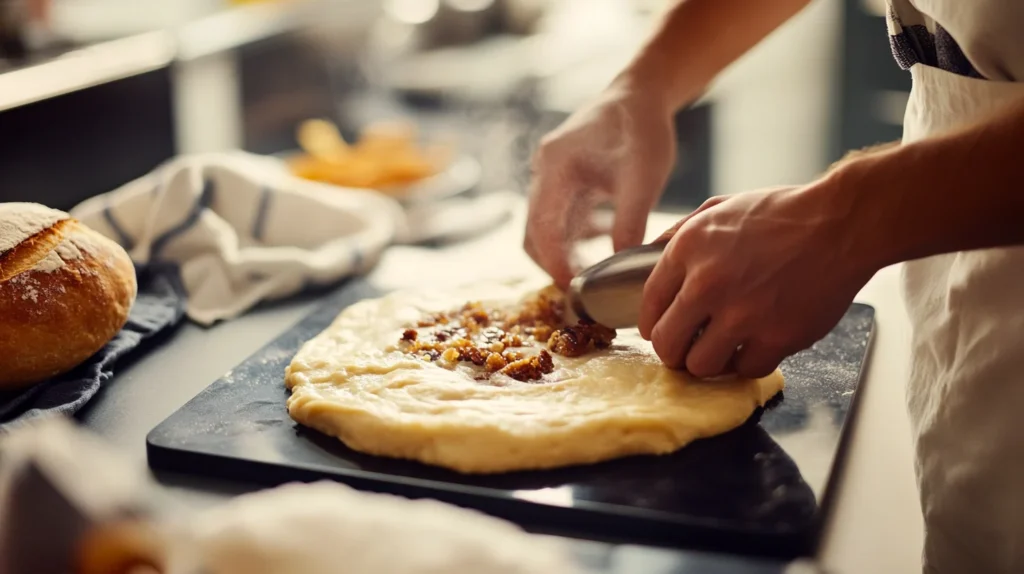 Placing fruit filling into sourdough crust before baking