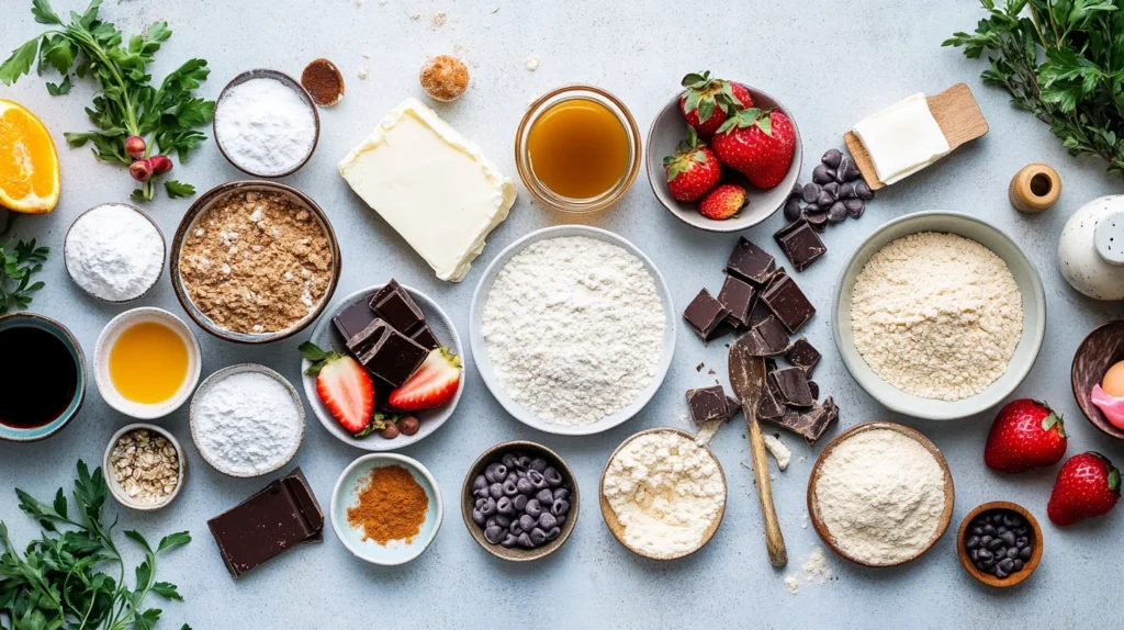 Ingredients for sourdough dessert recipes arranged on a kitchen counter