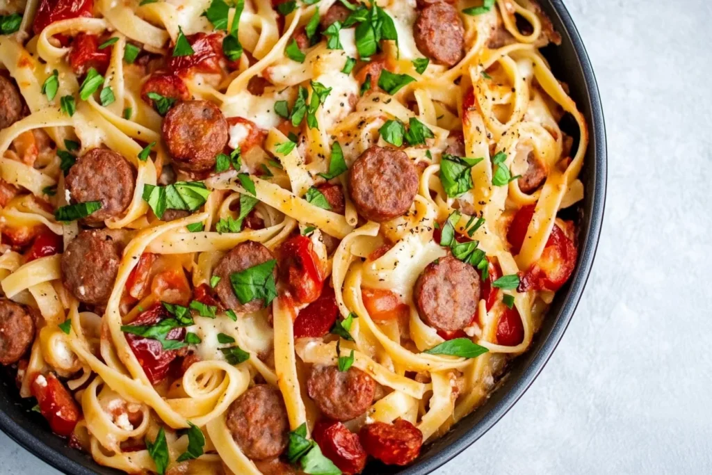 Cheesy Italian sausage pasta bake with penne, marinara sauce, and mozzarella for a family-friendly dinner recipe.