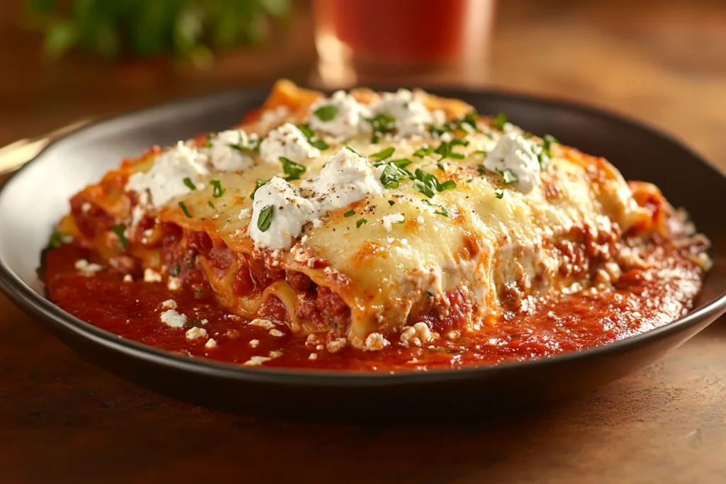 Classic lasagna with layers of pasta, marinara sauce, ricotta, and ground sausage for a hearty dinner recipe.