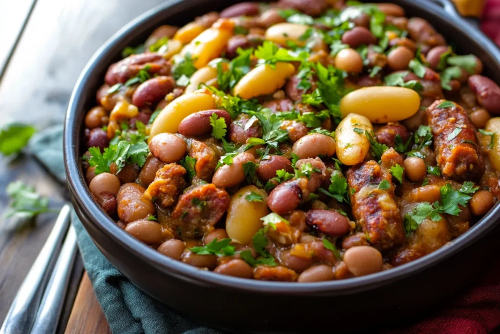 "Layered casserole with spicy sausage, black beans, and melted cheddar."
