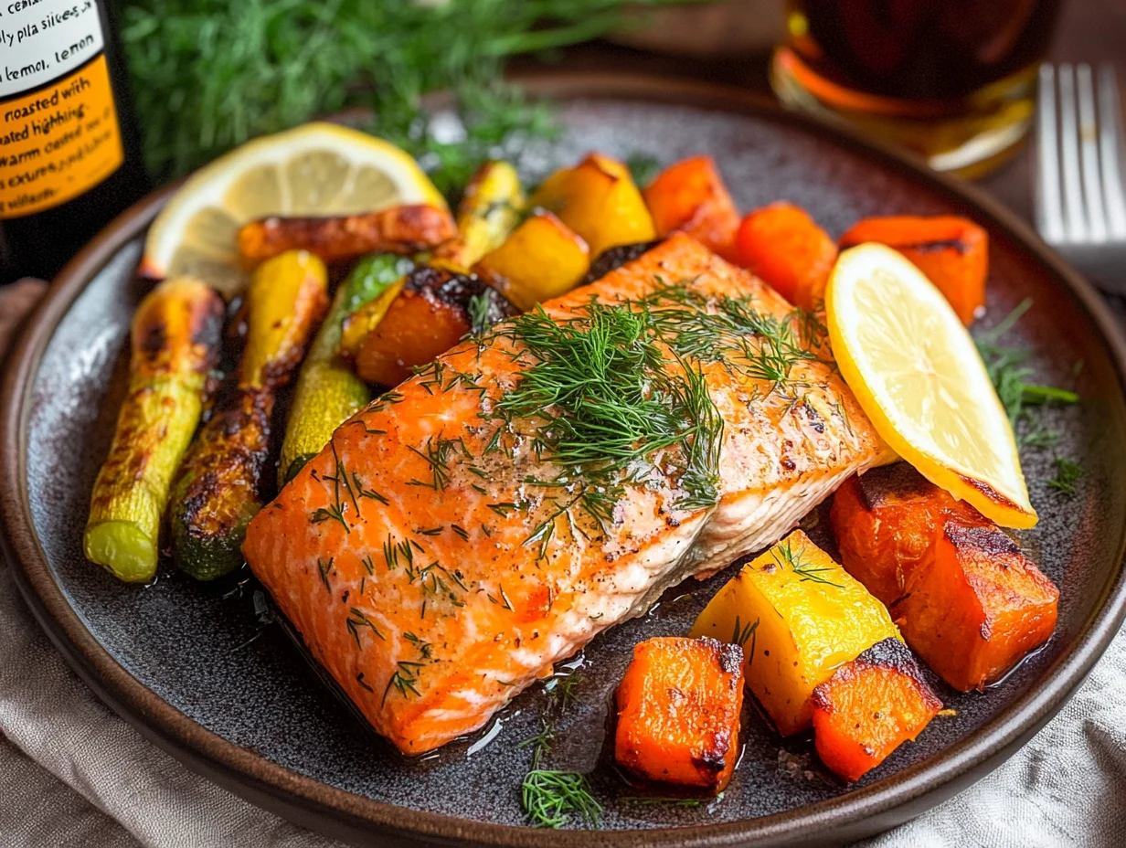 Beautifully plated steelhead trout recipe with dill, lemon slices, and roasted vegetables on a rustic ceramic plate.