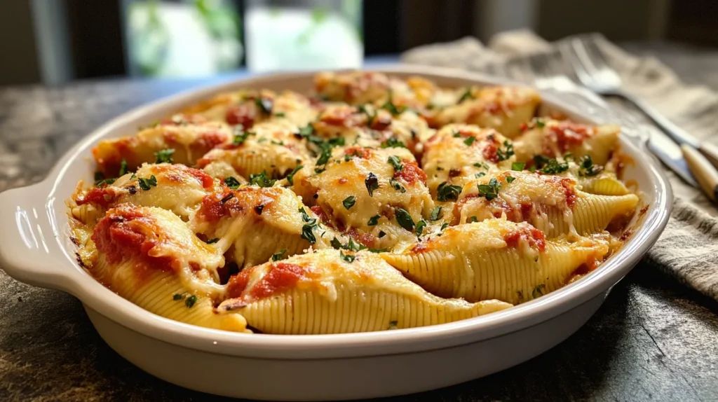 "Ronzoni stuffed shells served with garlic bread"