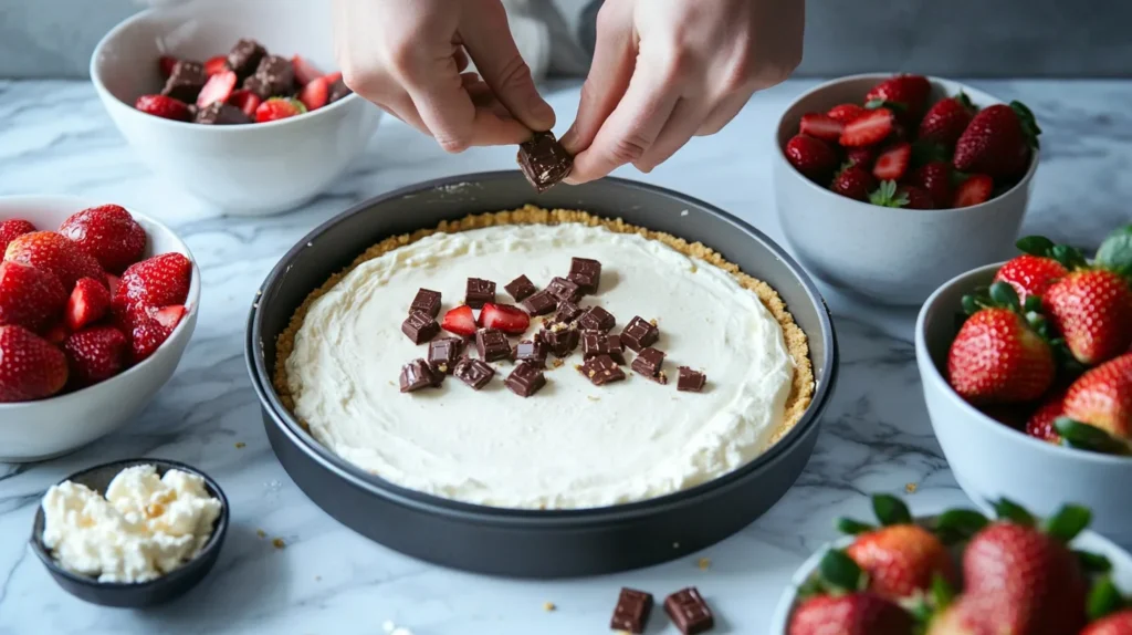 A person preparing Snickers strawberry cheesecake, pressing crust into a pan, with bowls of filling and toppings nearby.