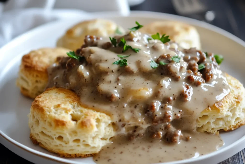 "Creamy sausage gravy served over warm, flaky biscuits."
