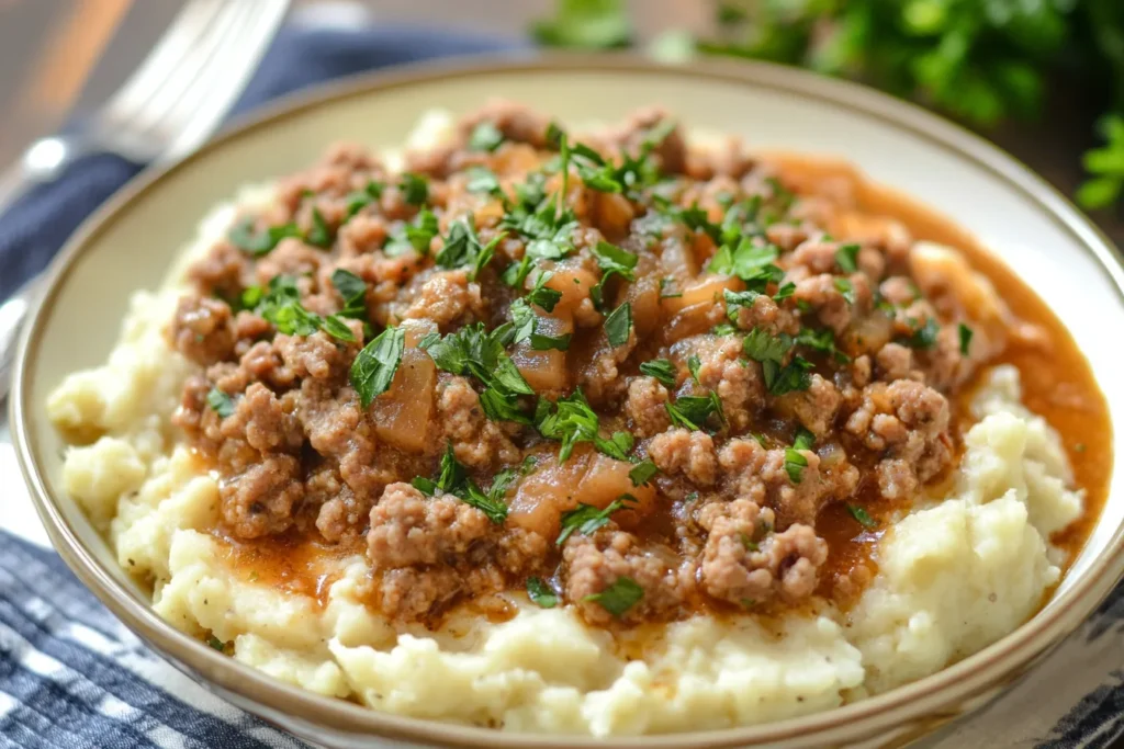 Cheesy potato casserole with layers of thinly sliced potatoes, ground sausage, and rich cream sauce."