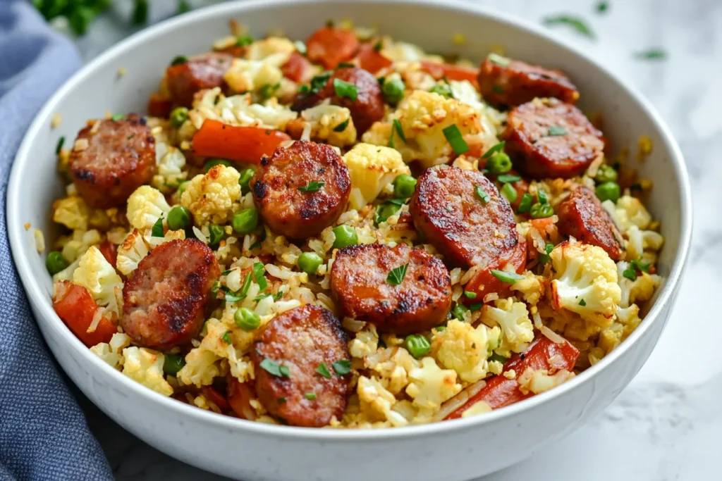 "Healthy fried rice with cauliflower, ground sausage, and mixed vegetables."
