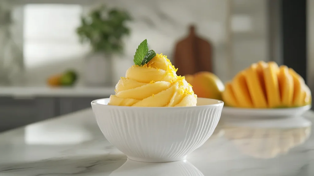 Creamy mango sorbet from a mango dessert recipe, topped with lime zest and a fresh mint leaf.