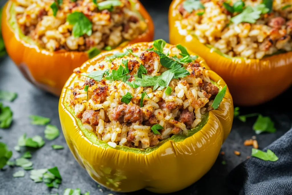 Colorful stuffed bell peppers filled with ground sausage, rice, and marinara sauce, topped with melted cheese.