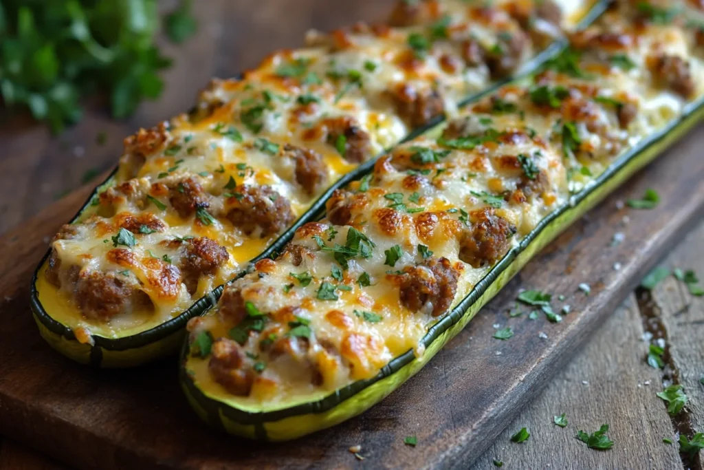 "Zucchini halves filled with marinara sauce, sausage, and cheese."
