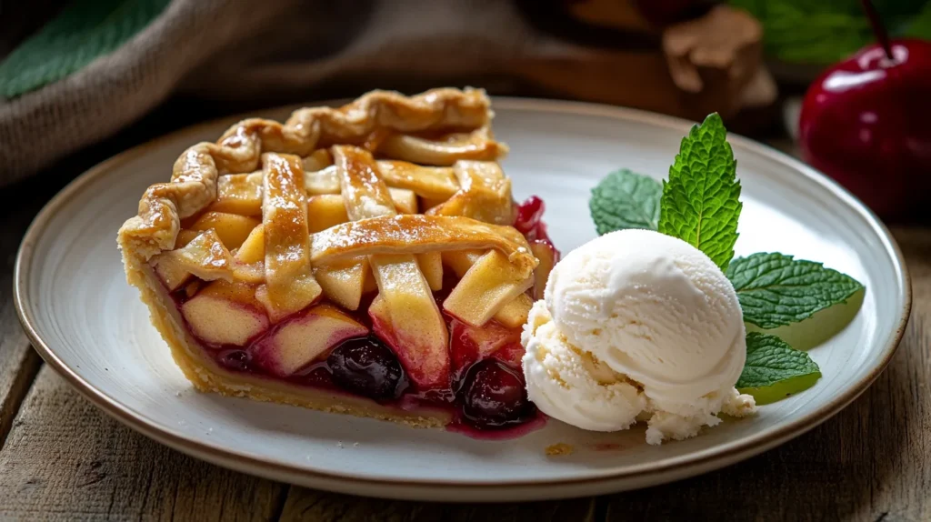 A golden-baked apple cherry pie slice