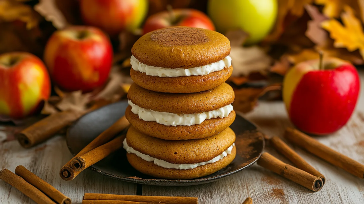 Soft apple cider whoopie pies with creamy filling on a wooden table.