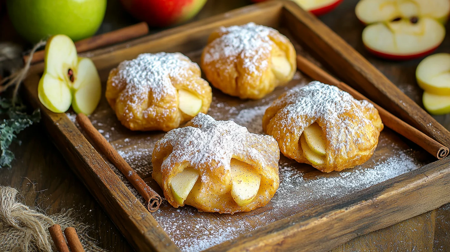 A tray of golden, flaky apple pie puffs with cinnamon sticks and apple slices