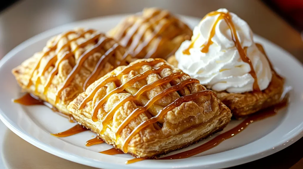 Freshly baked apple pie puffs served with caramel drizzle and whipped cream