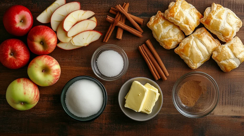 Ingredients for apple pie puffs, including fresh apples, puff pastry, and spices