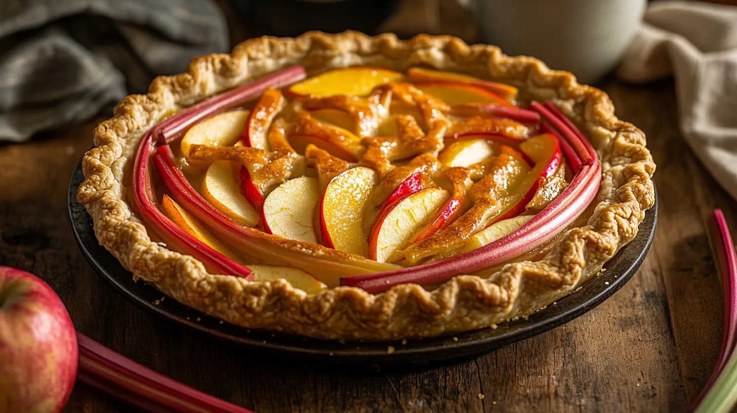 Golden apple rhubarb pie with flaky crust and vibrant fruits