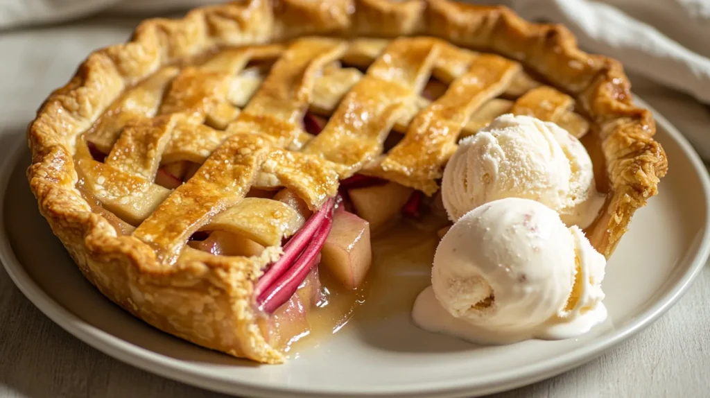 Freshly baked apple rhubarb pie with ice cream