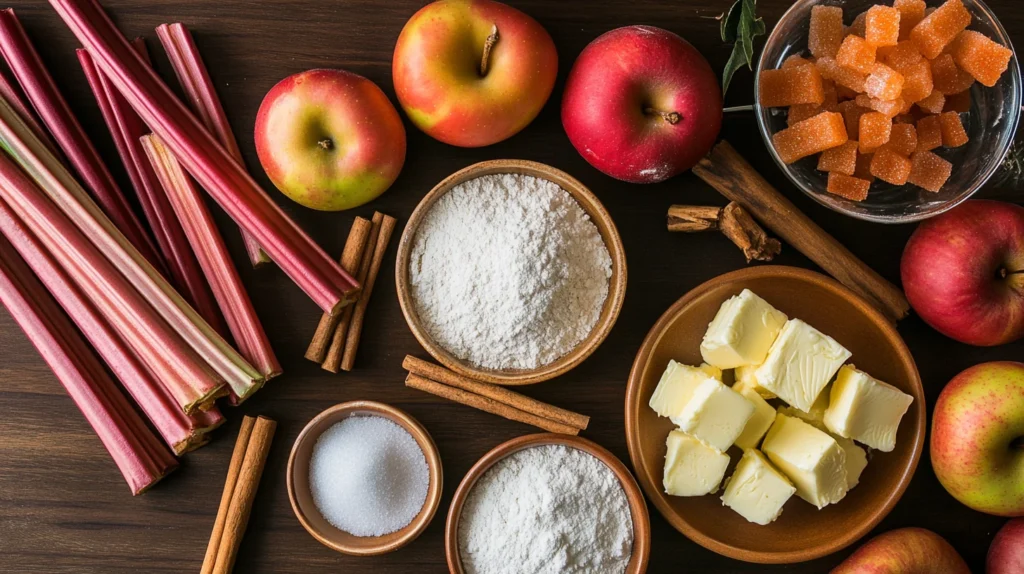 Ingredients for apple rhubarb pie, neatly arranged