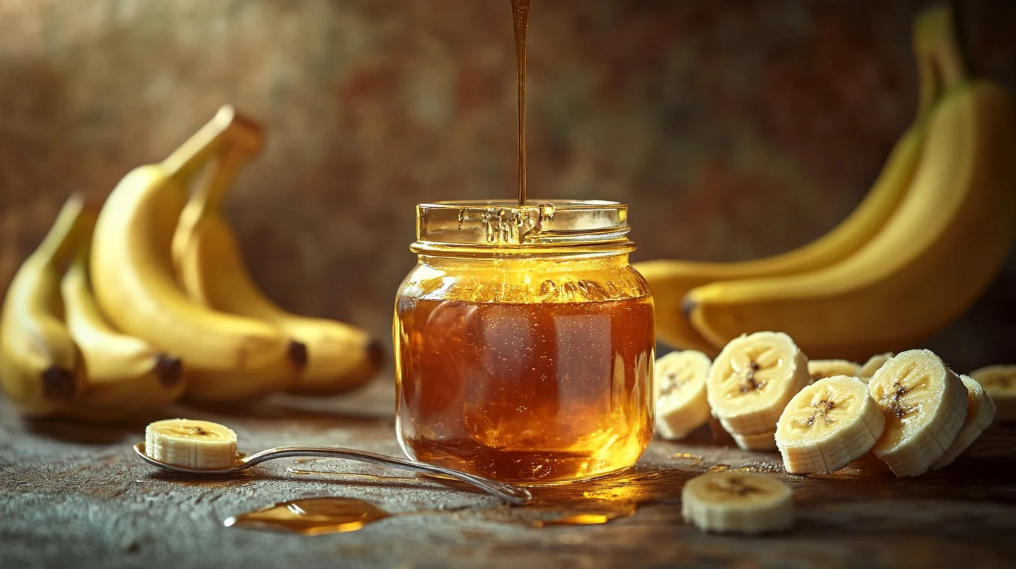 A jar of golden banana syrup surrounded by bananas