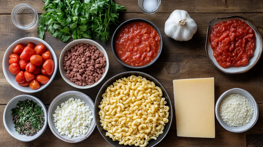 Ingredients: pasta, ground beef, tomato sauce, shredded cheese, spices.