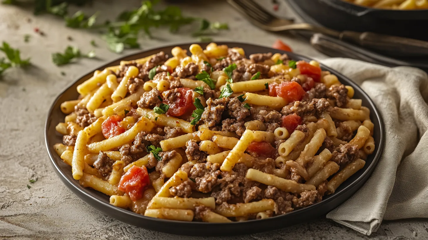 Beefaroni dish topped with melted cheese and fresh basil.