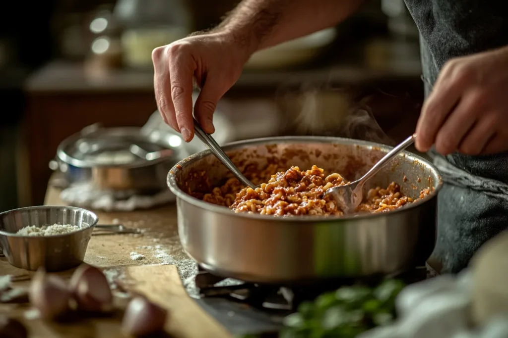 Ground beef sautéed with onions in a skillet for beefaroni preparation.