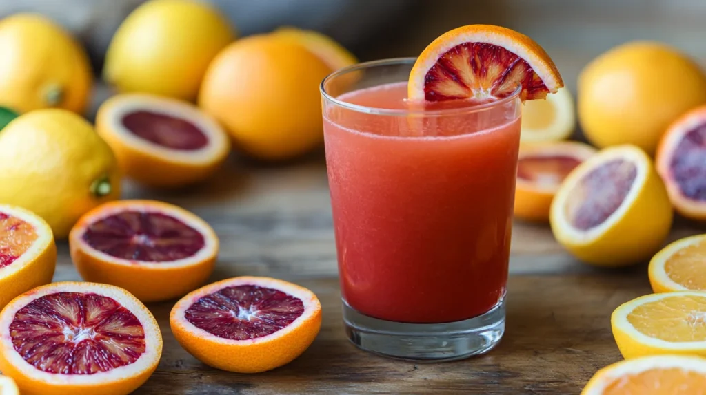 A beautifully served blood orange lemonade with ice cubes and garnished with citrus slices