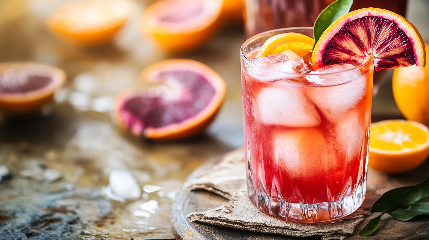 A refreshing glass of blood orange lemonade with fresh blood oranges and lemon slices on a rustic table