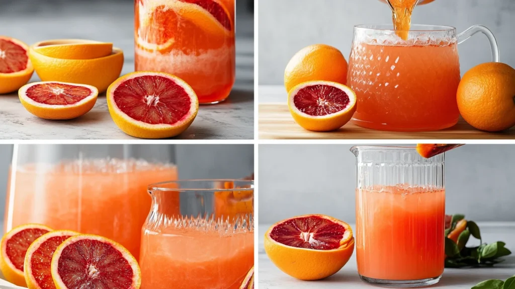 Four preparation steps: slicing blood oranges, squeezing juice, mixing ingredients, and serving lemonade