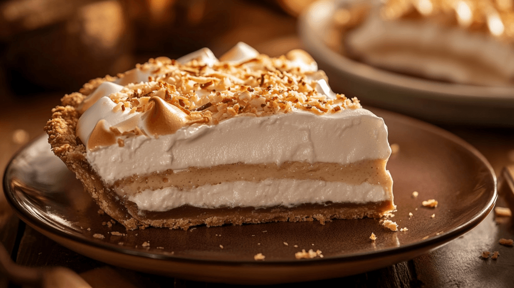 A slice of blue ribbon winning coconut cream pie on a plate, showing layers of creamy filling and golden meringue.