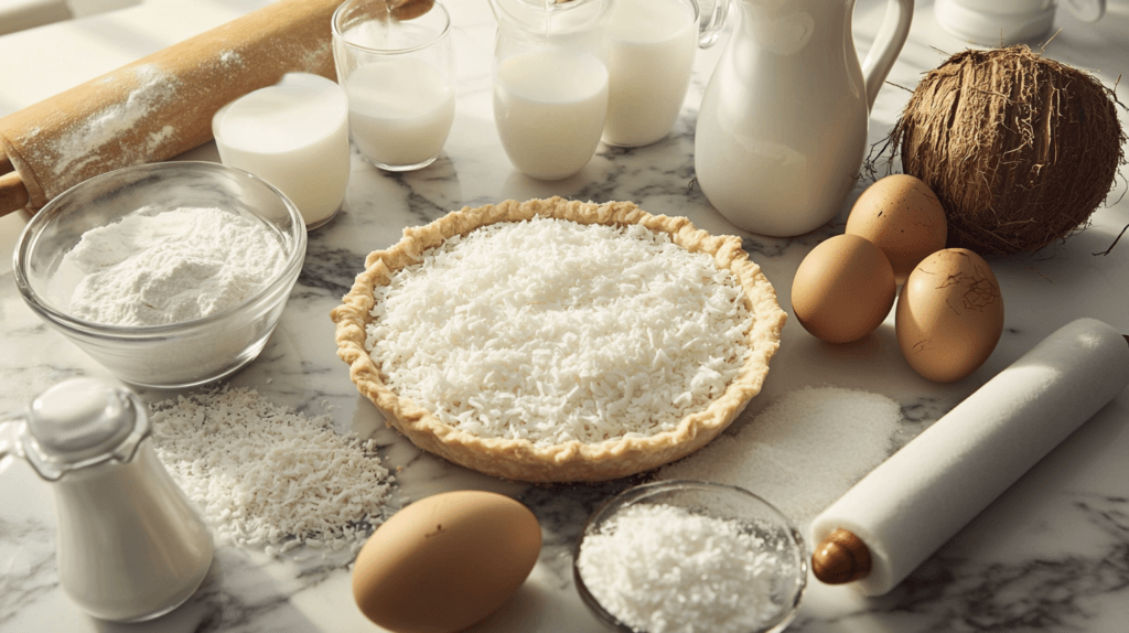 Ingredients for a blue ribbon winning coconut cream pie: flour, sugar, eggs, shredded coconut, and milk.