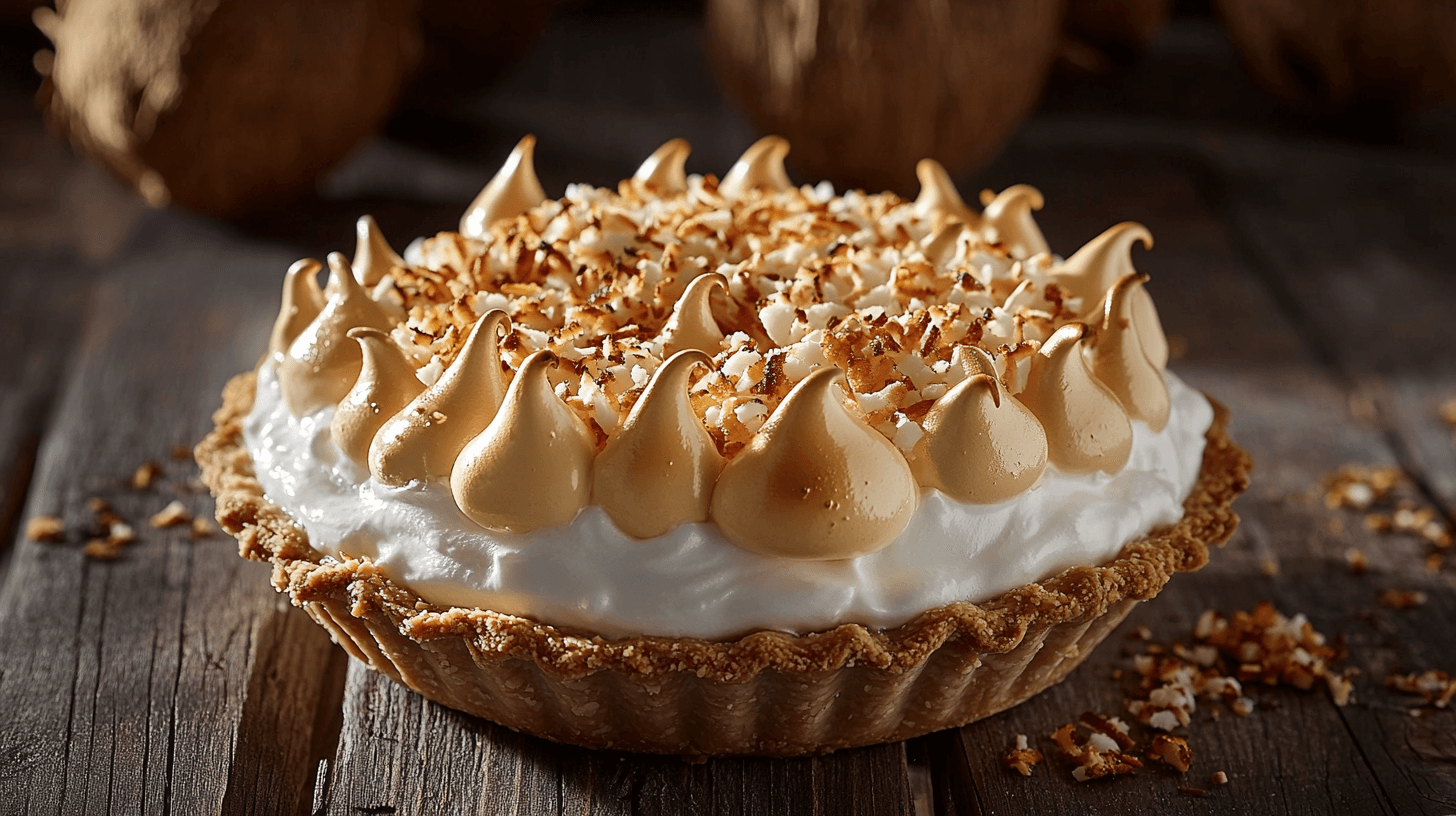 A beautifully styled blue ribbon winning coconut cream pie with golden meringue and coconut garnish.