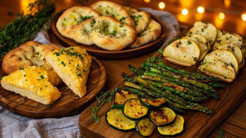 Cheesy garlic bread, focaccia, roasted asparagus, and sautéed zucchini on a cozy dinner table.