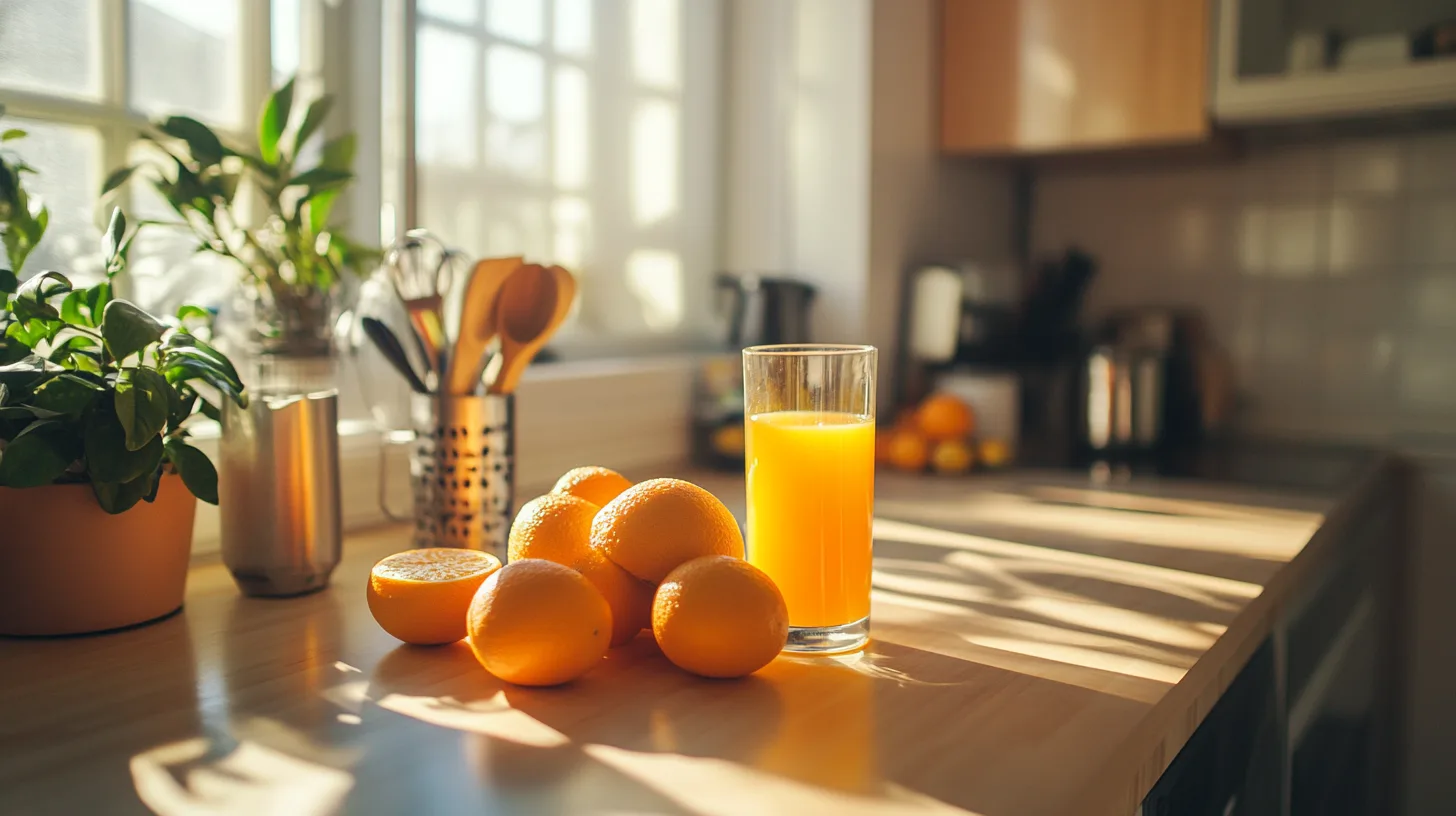 Canned orange juice with fresh oranges on a counter