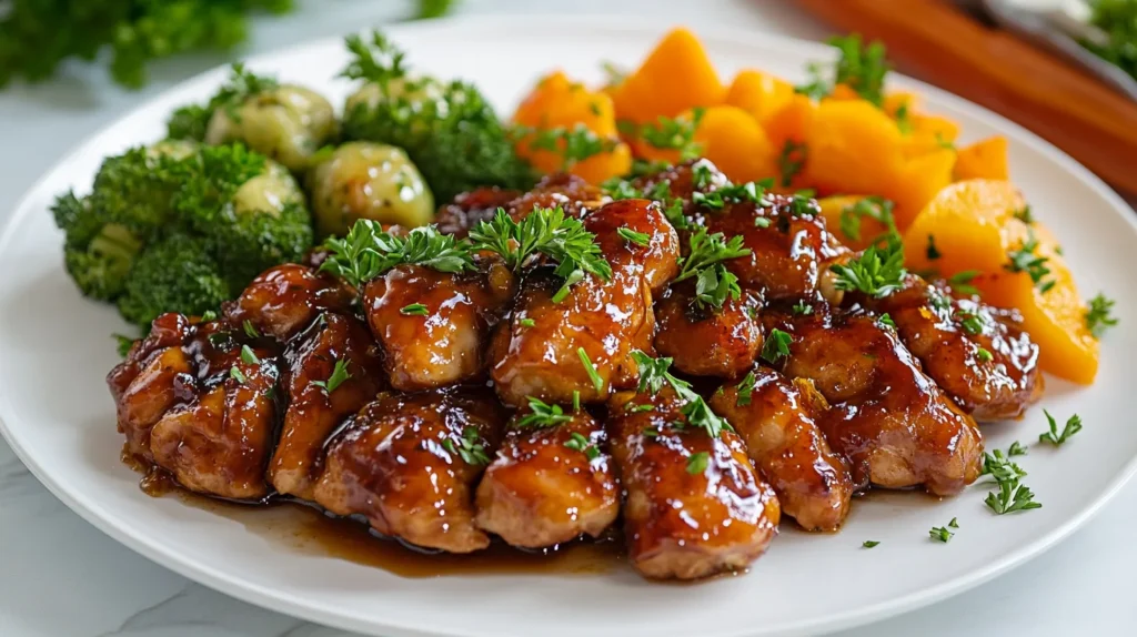 Orange-glazed chicken served with vegetables