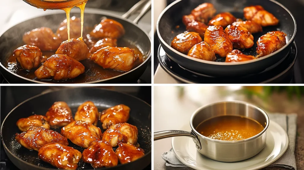 Four steps of making orange-glazed chicken