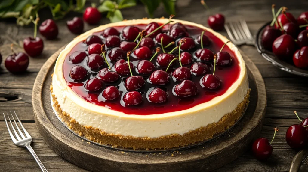 Cherry cheesecake on rustic table