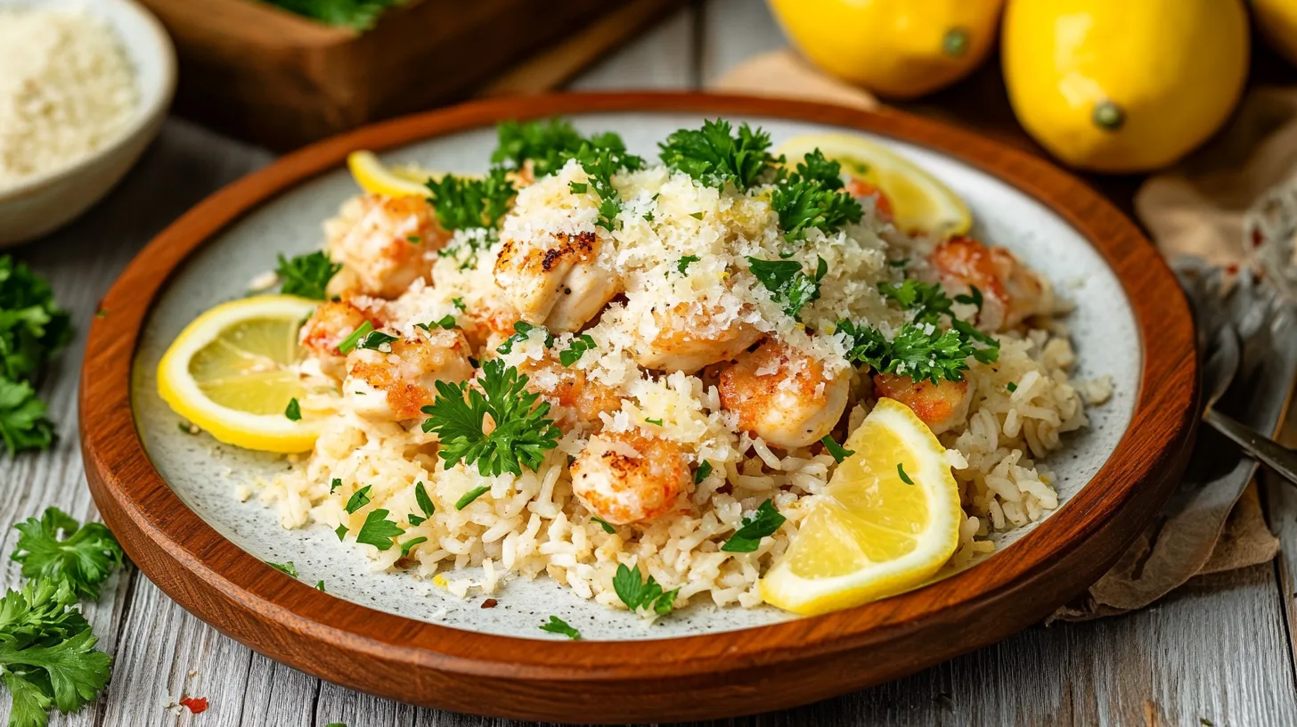 A plated chicken scampi with garlic parmesan rice