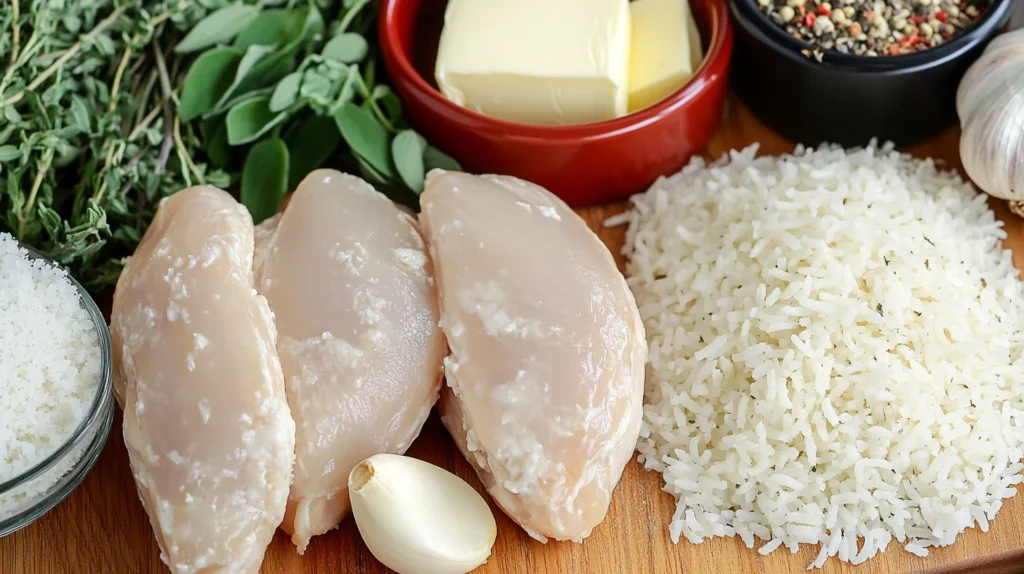 Ingredients for chicken scampi with garlic parmesan rice