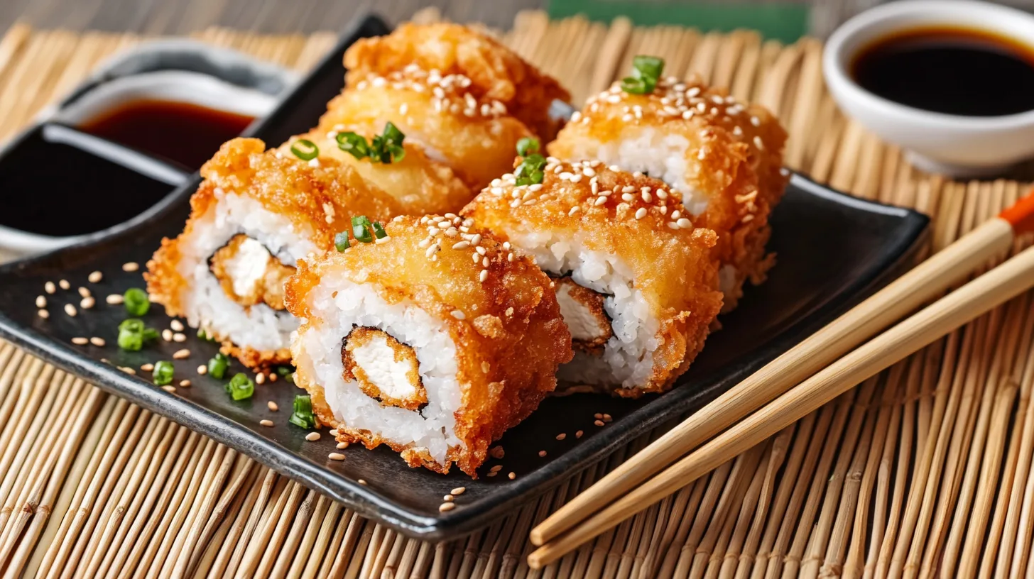 Crispy chicken tempura roll served with soy sauce and chopsticks.