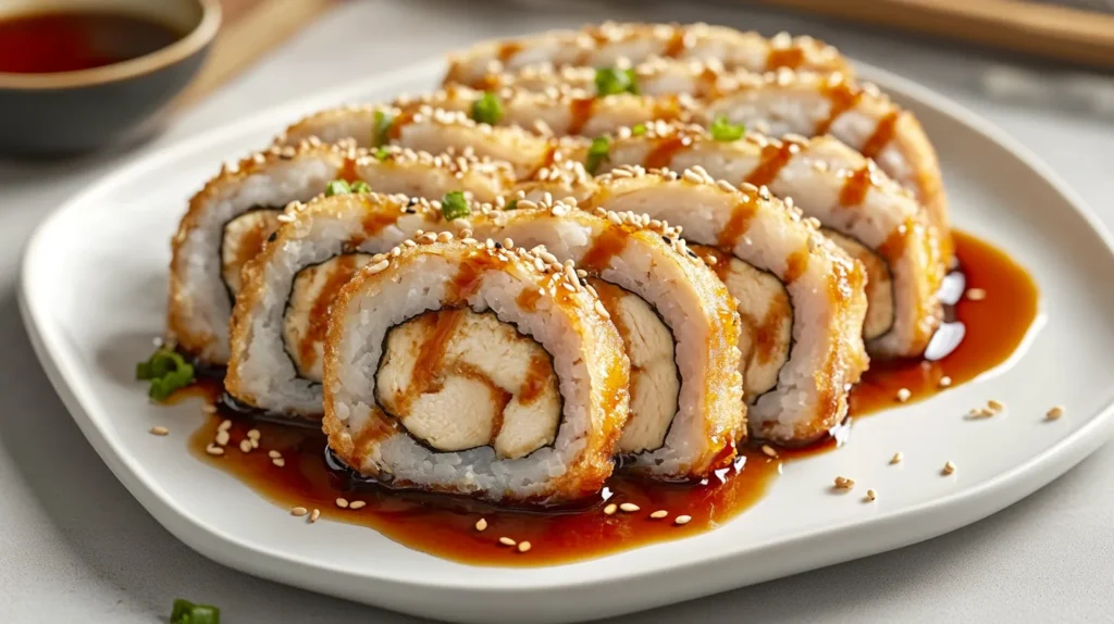 Finished chicken tempura rolls sliced and served with dipping sauce.