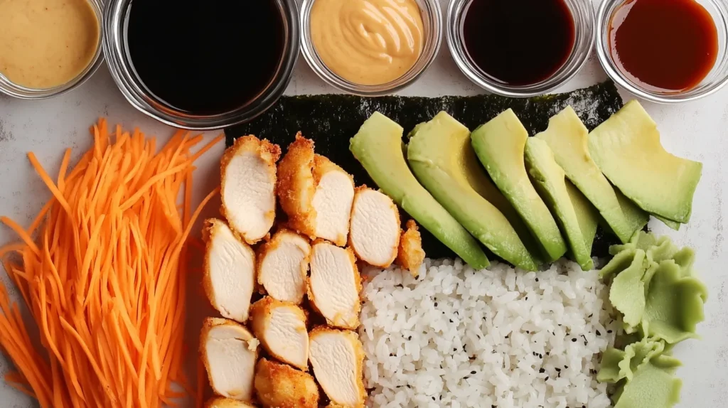 Ingredients for chicken tempura roll, including chicken, rice, nori, and avocado.