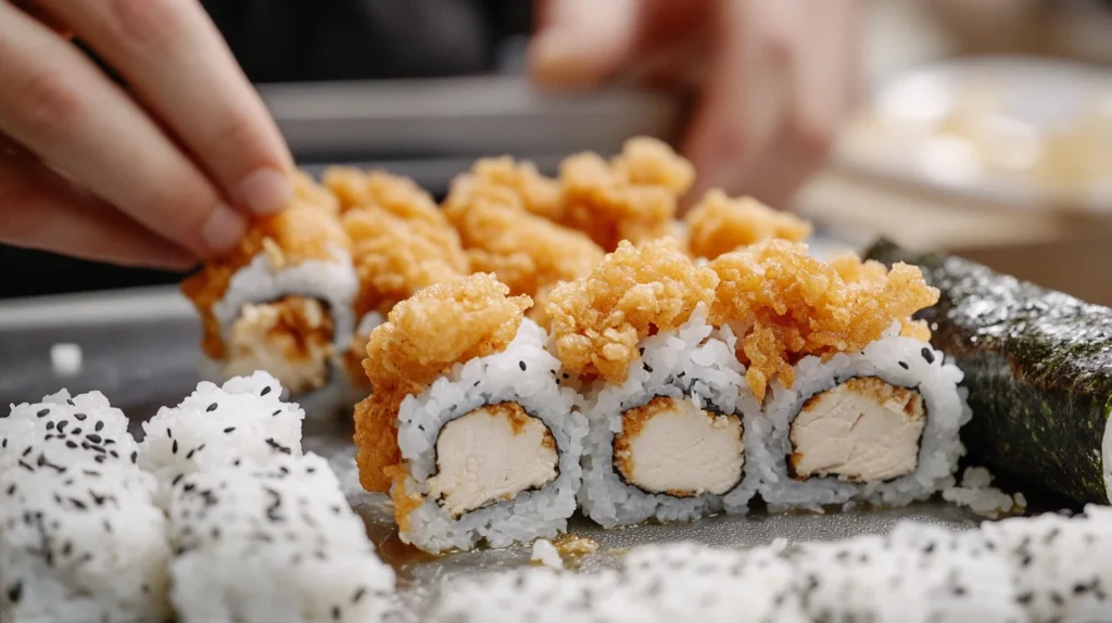 Step-by-step preparation of chicken tempura roll: frying, assembling, and rolling.