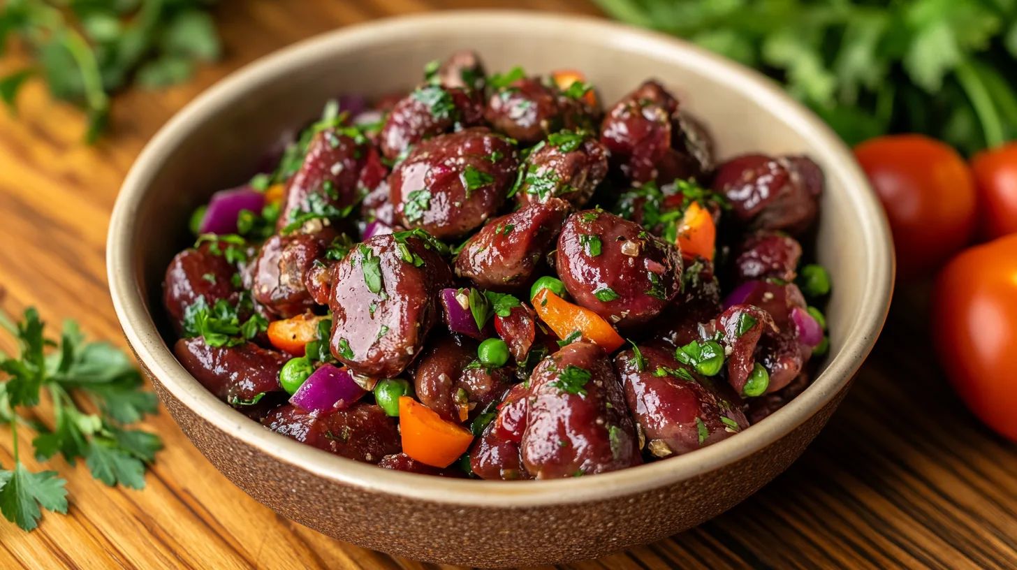 A rustic dish of chicken hearts served on a wooden table with fresh herbs and vegetables