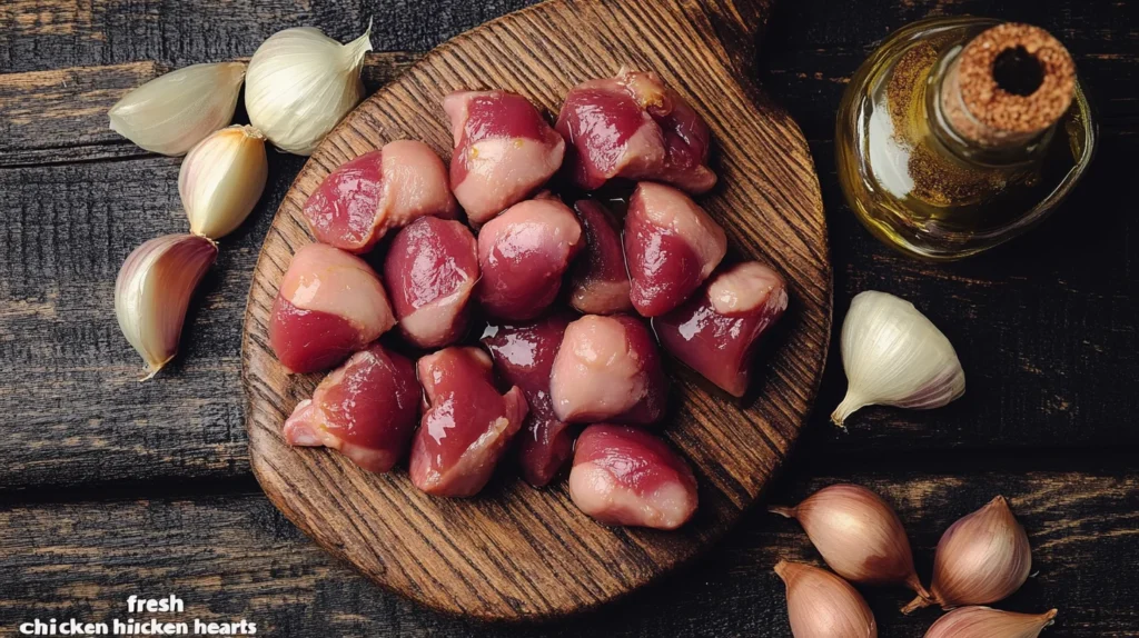 A flat lay of fresh ingredients, including garlic, onions, and olive oil, on a wooden surface.