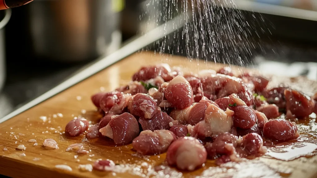 Chicken hearts being cleaned and trimmed for preparation